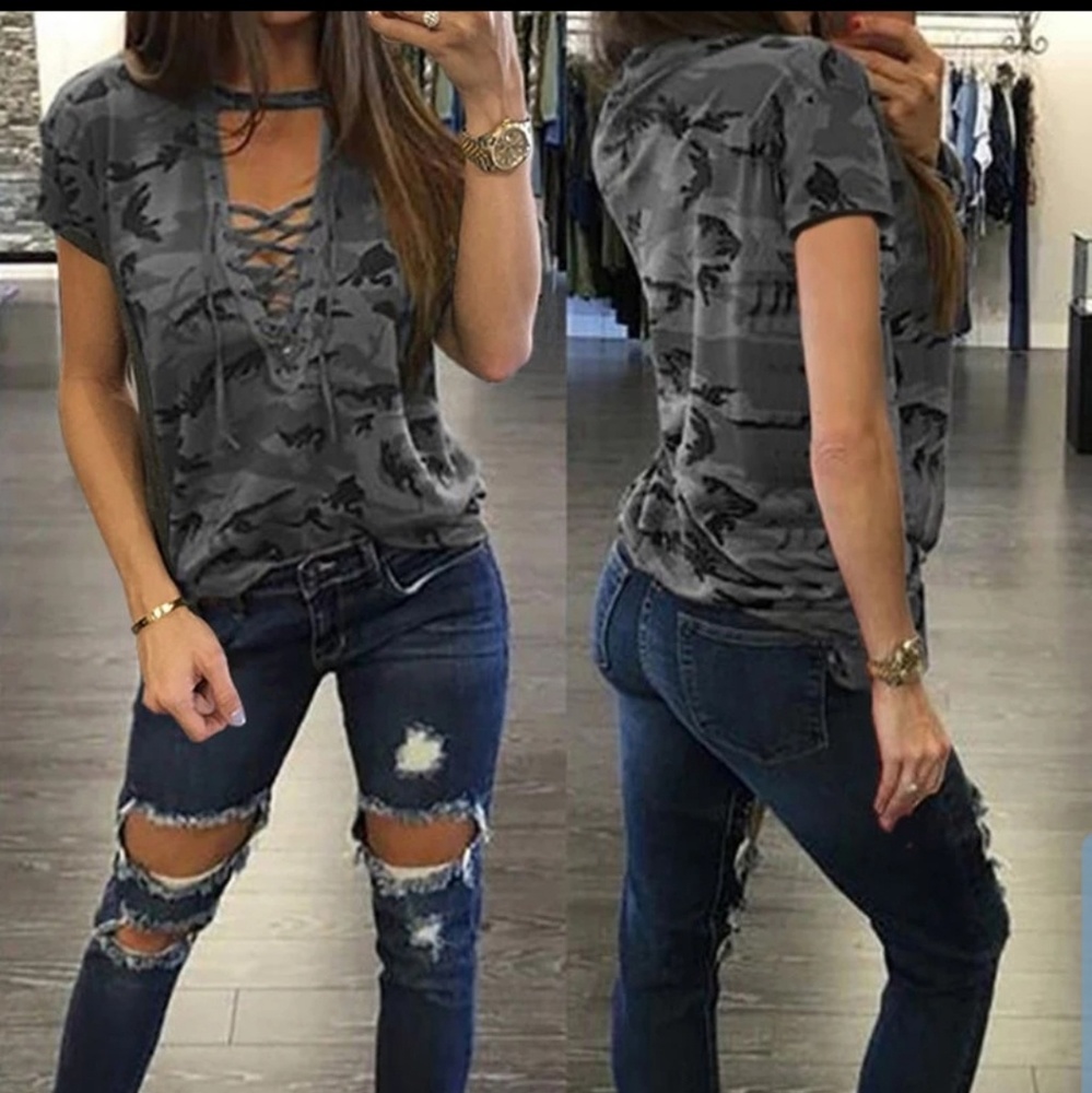 SALE! LAST ONE XL. Green Camo Lace-up Top Tee - Picture 2 of 3